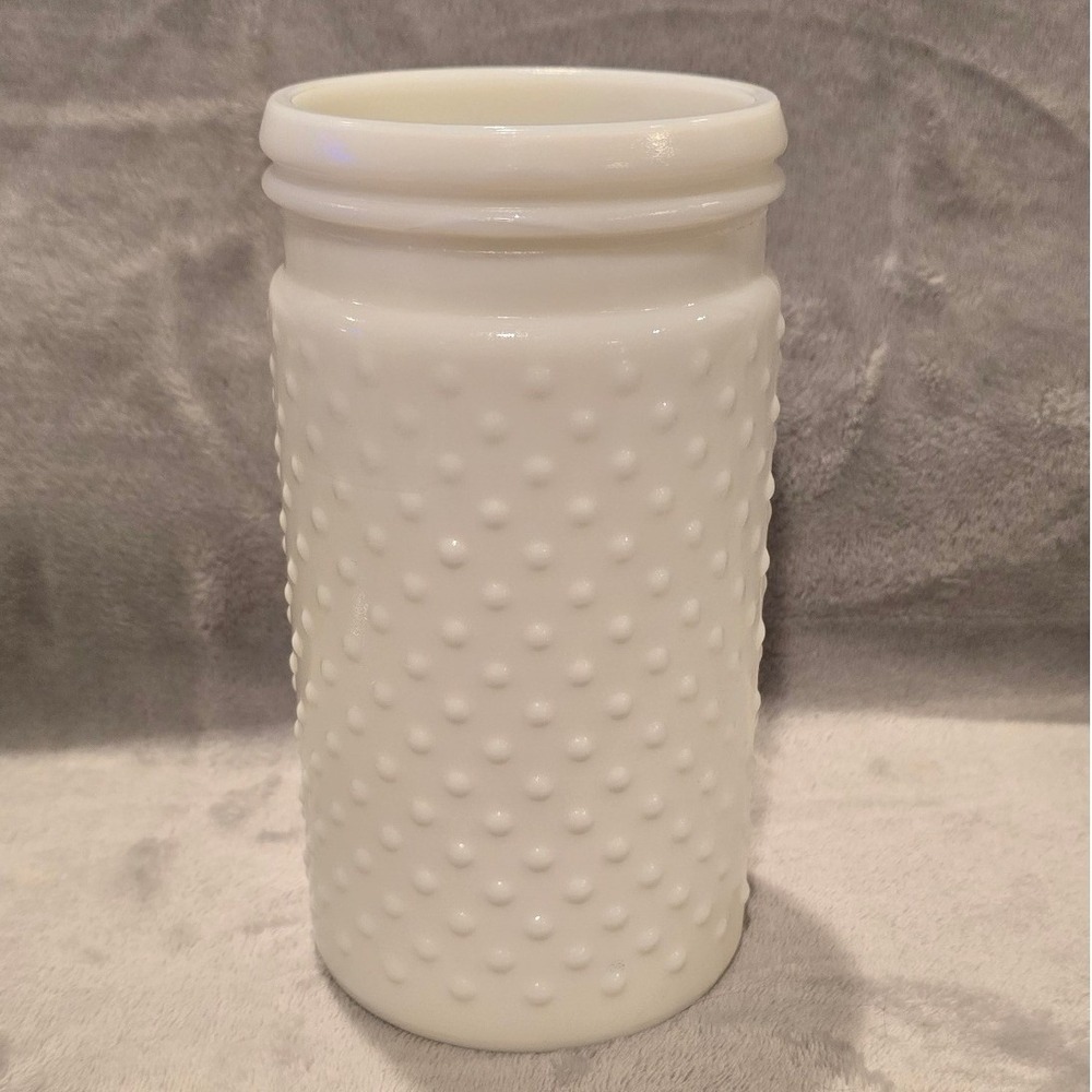 Vintage White Milk Glass Hobnail Vase Cylindrical Decorative Jar 7.25 inch